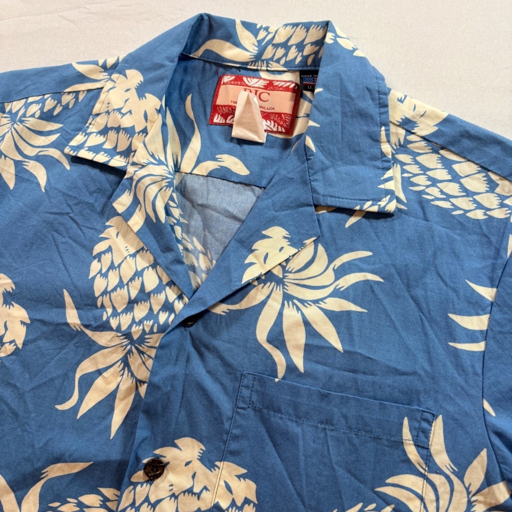 RJC Pineapple Hawaiian Shirt Men Small Blue Cotton Aloha Button Down Made in USA